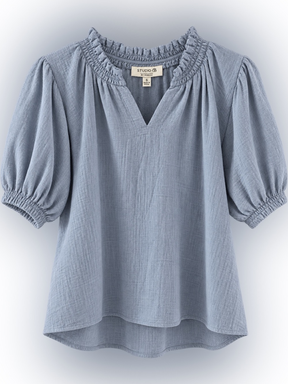 Studio B by Bobeau Powder Blue Textured Puff-Sleeve Peasant Blouse